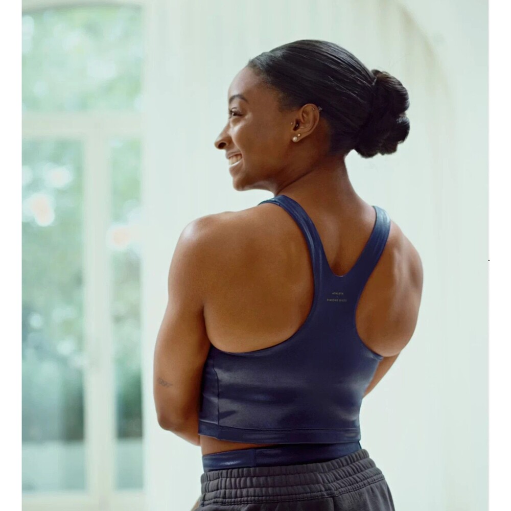 Athleta Simone Biles Sports Bra Legging Set Navy Metallic Shine Size Medium New